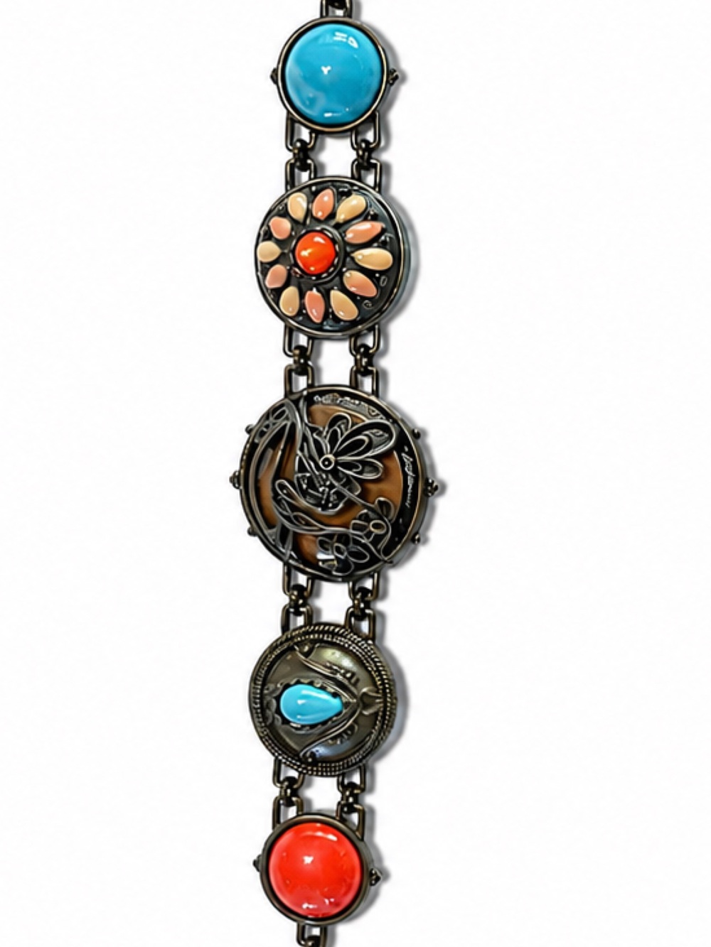 Lucky Brand Vintage Bracelet Bronze Tone Enamel Turquoise Red Cabochon Boho